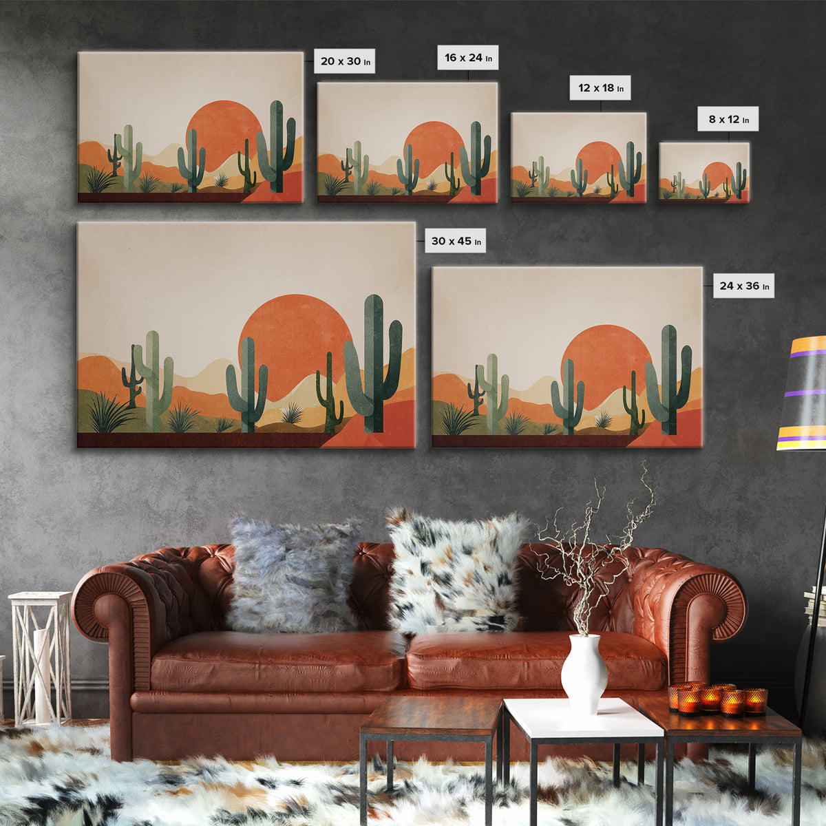 Orange Sun Cactus Desert Wall Art, Midcentury Modern Art Print, Southwestern Landscape Poster, Boho Retro Home Decor, MCM Decor