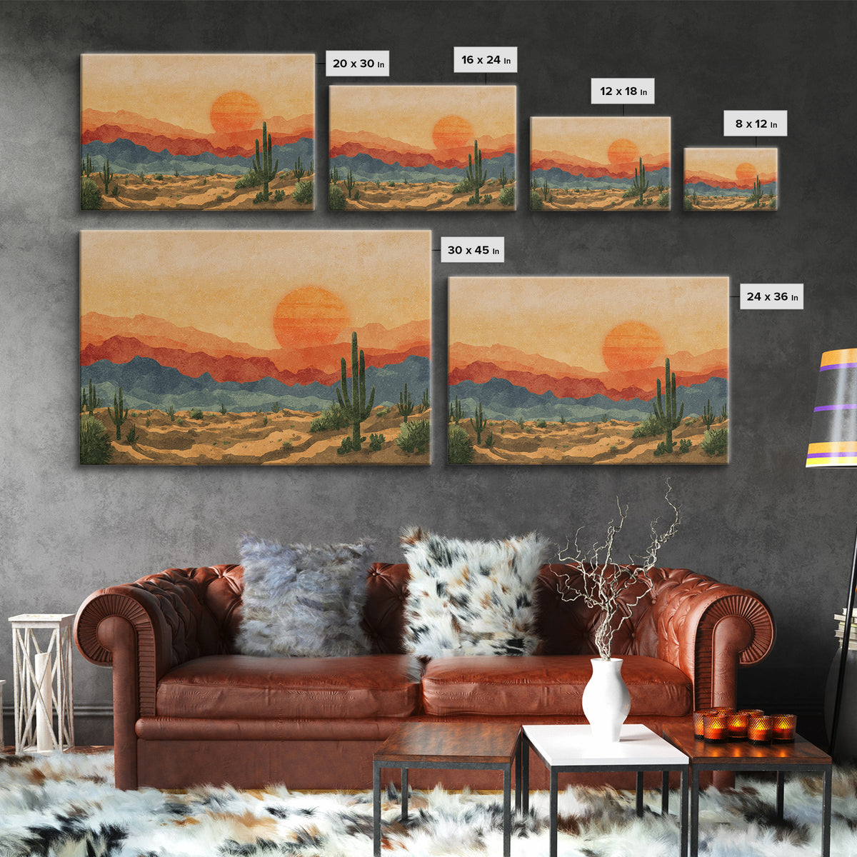 Textured Desert Mountains Wall Art, Orange Sunset Cactus Print, Midcentury Modern Landscape, Southwestern Living Room Decor