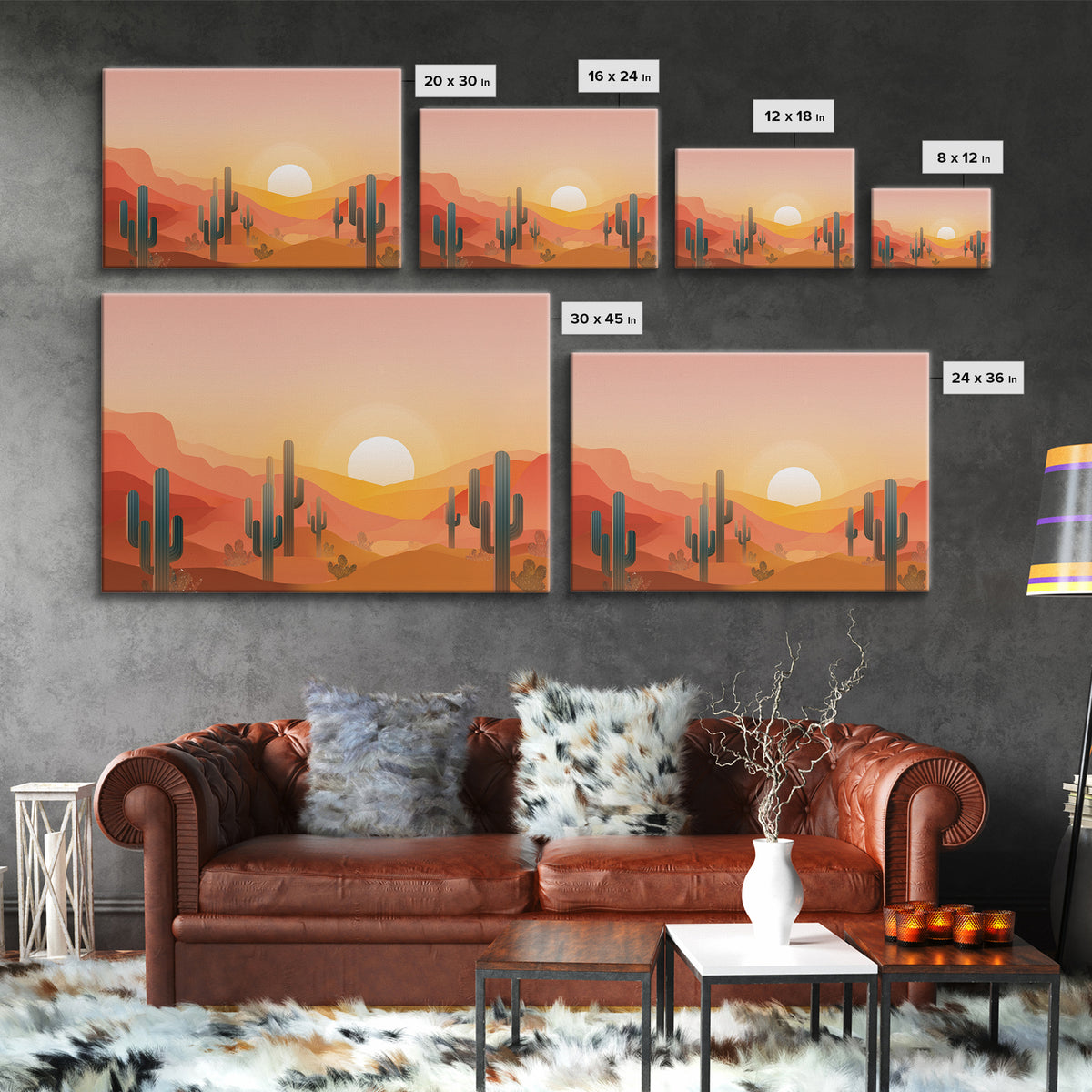 Golden Saguaro Desert Sunset Canvas Print, Midcentury Modern Wall Art, Warm Orange Southwestern Poster, Boho Home Decor, MCM Decor