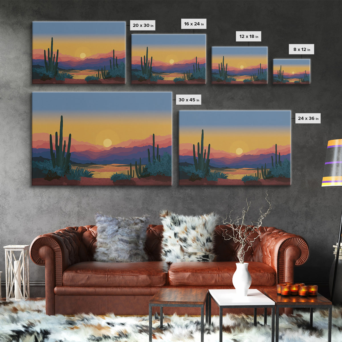 Blue Gold Desert Sunset Wall Art, Saguaro Cactus Landscape Print, Midcentury Modern Art Poster, Southwestern Home Decor, MCM Decor