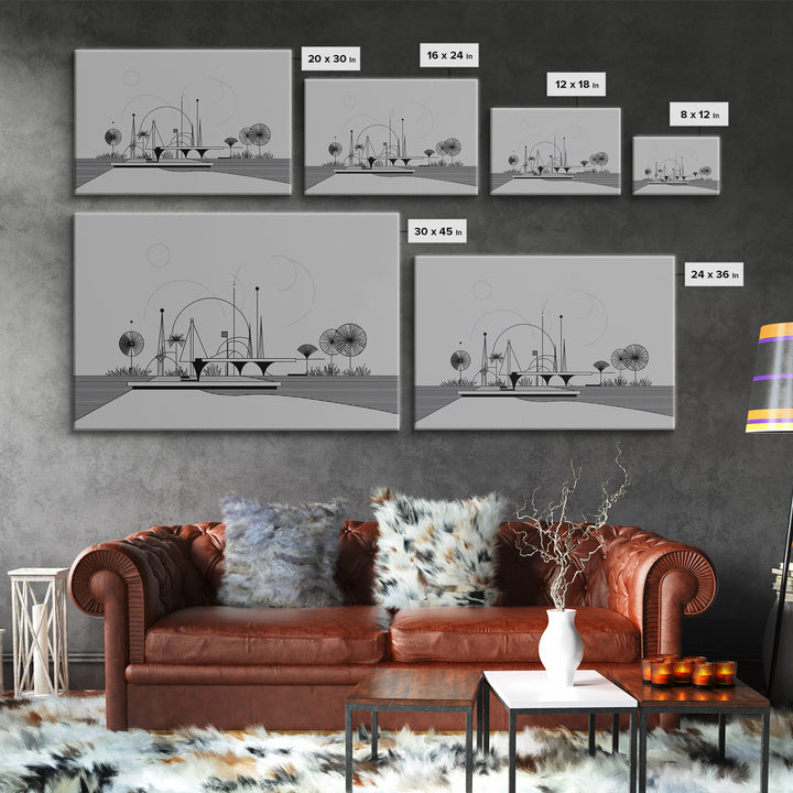 Black White Architectural Line Wall Art, Midcentury Modern Abstract Print, Atomic Ranch Landscape, Minimalist Home Decor