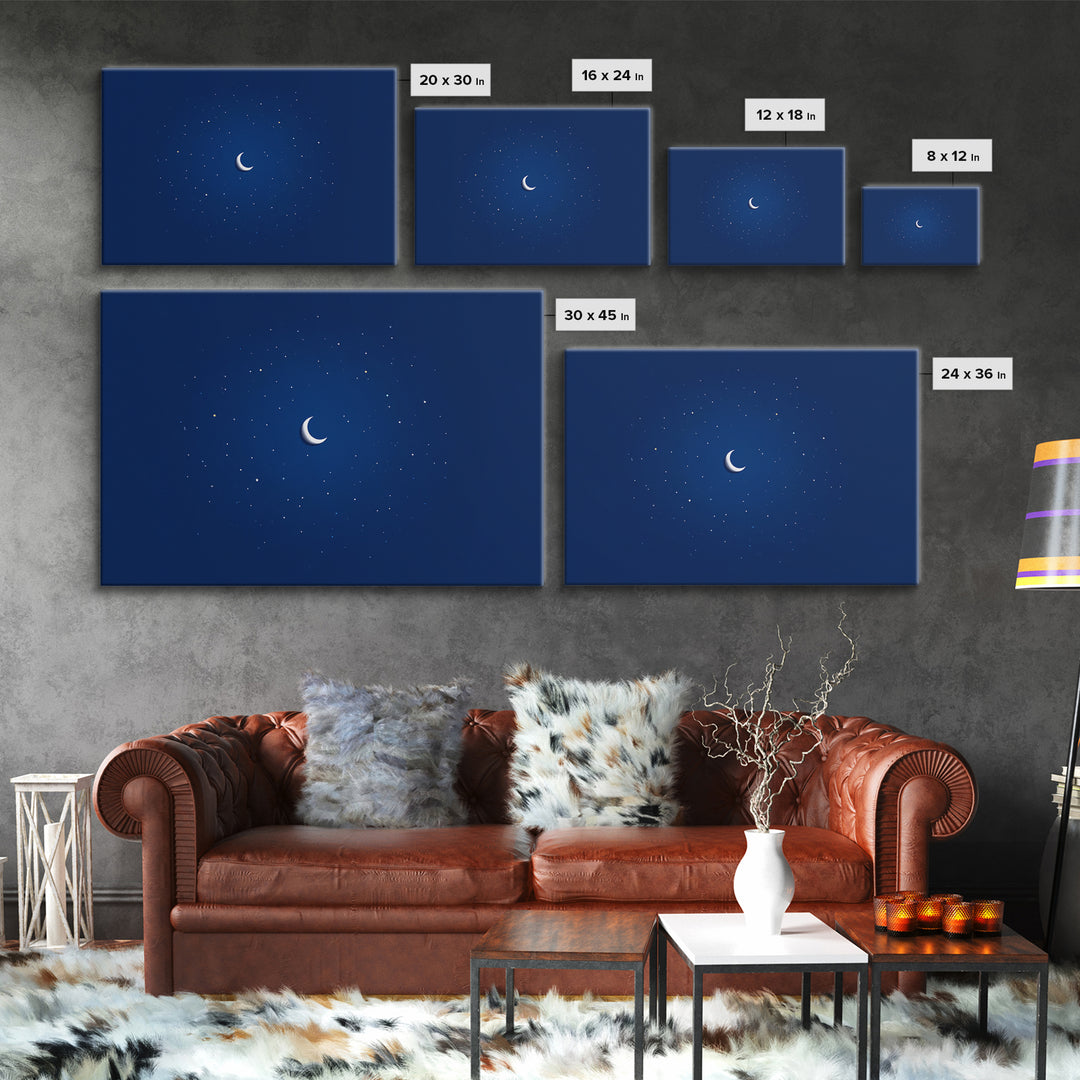 Minimal Crescent Moon Stars Wall Art, Deep Blue Night Sky Print, Modern Celestial Poster, Nursery Bedroom Wall Decor, Kids Room Decor