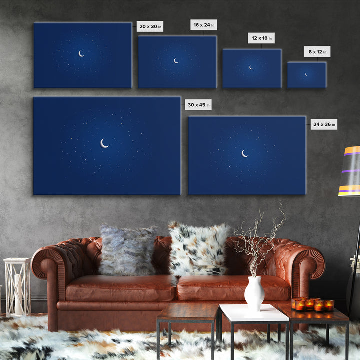 Minimal Crescent Moon Stars Wall Art, Deep Blue Night Sky Print, Modern Celestial Poster, Nursery Bedroom Wall Decor, Kids Room Decor