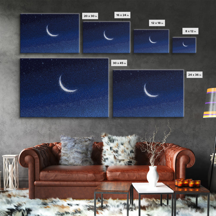 Glowing Crescent Moon Starry Sky Canvas Print, Blue Celestial Wall Art, Modern Night Poster, Minimalist Bedroom Decor, Nursery Decor