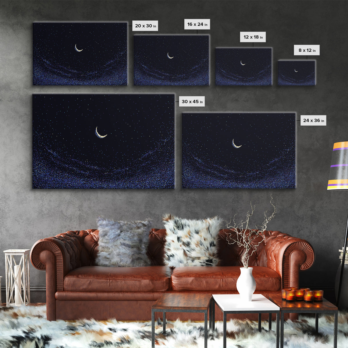 Crescent Moon Starry Night Wall Art, Pixel Sky Landscape, Blue Celestial Poster, Retro Modern Decor, Bedroom Print Gift Idea