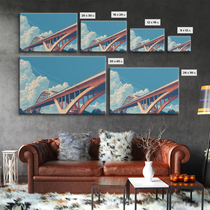 Sunlit Arch Bridge Framed Canvas Print, Modern Architecture Wall Art, Blue Sky Cloudscape, Travel Poster, Office Decor Gift Idea