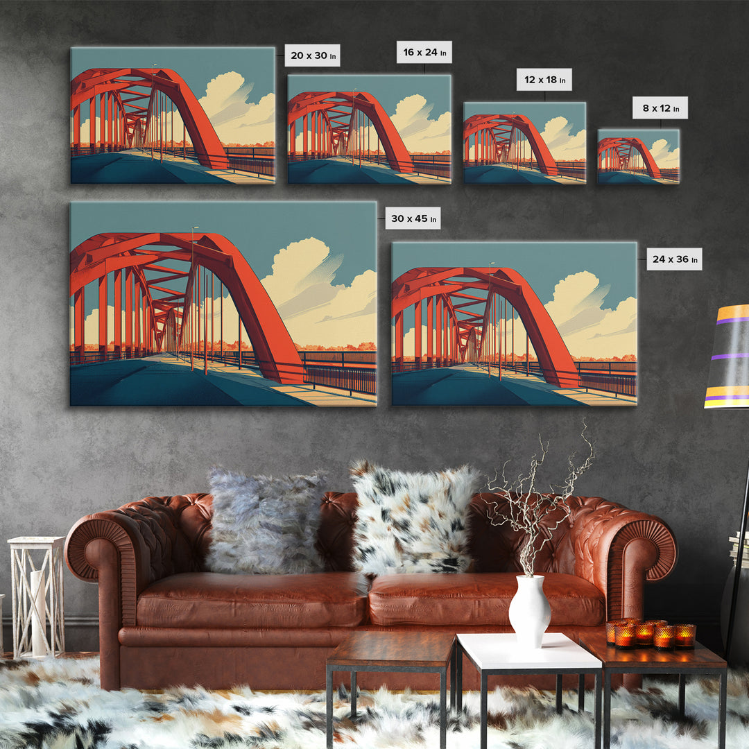 Red Steel Arch Bridge Canvas Print, Sunset Architecture Wall Art, Midcentury Modern Poster, Office Decor, Travel Print Gift