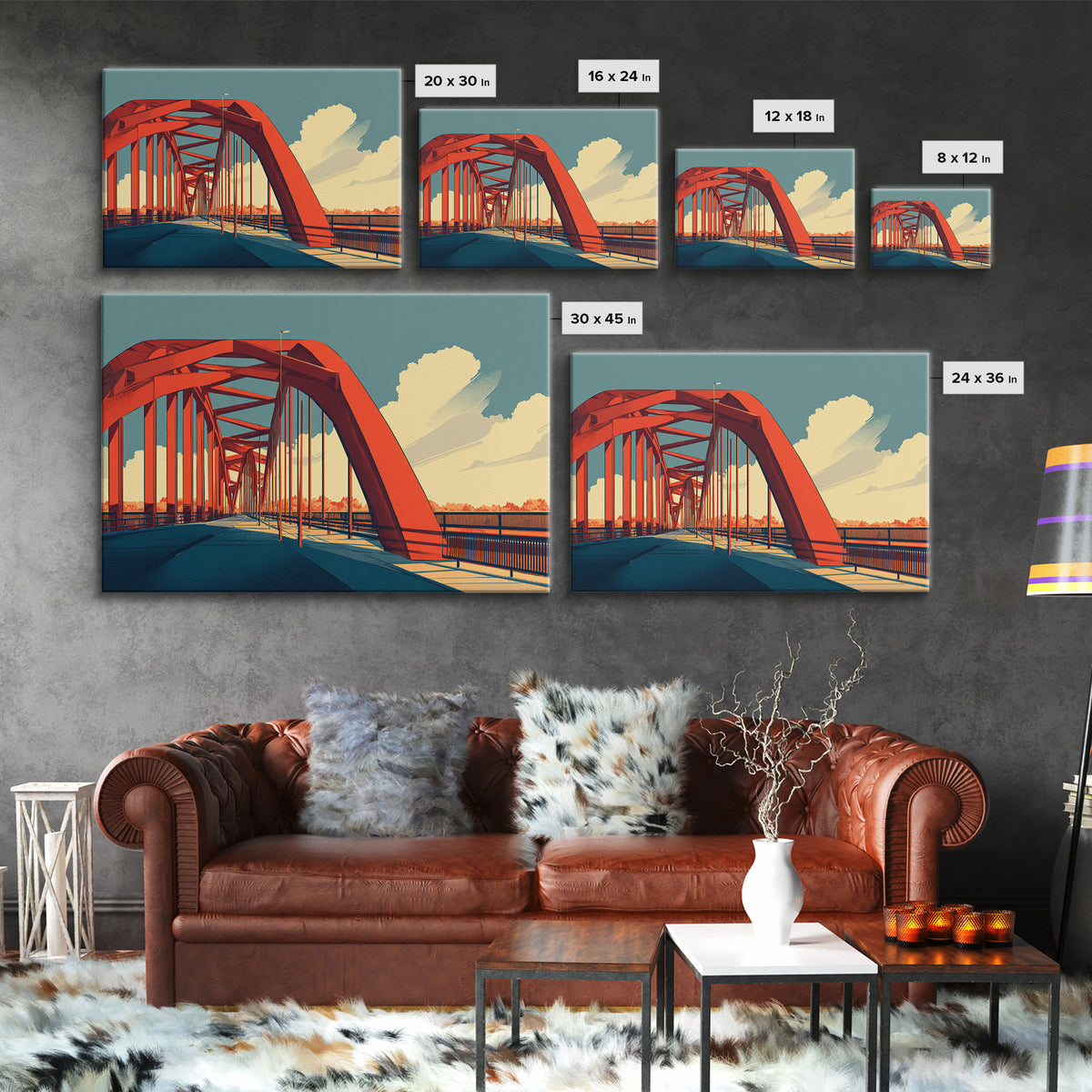 Red Steel Arch Bridge Canvas Print, Sunset Architecture Wall Art, Midcentury Modern Poster, Office Decor, Travel Print Gift