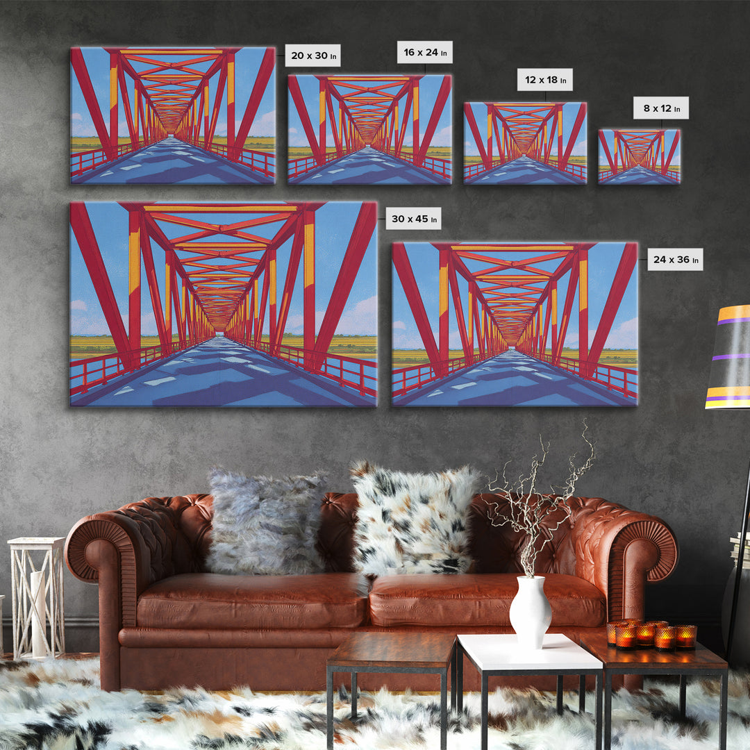 Red Truss Bridge Perspective Wall Art, Geometric Architecture Canvas Print, Bold Modern Decor, Office Poster, Travel Gift