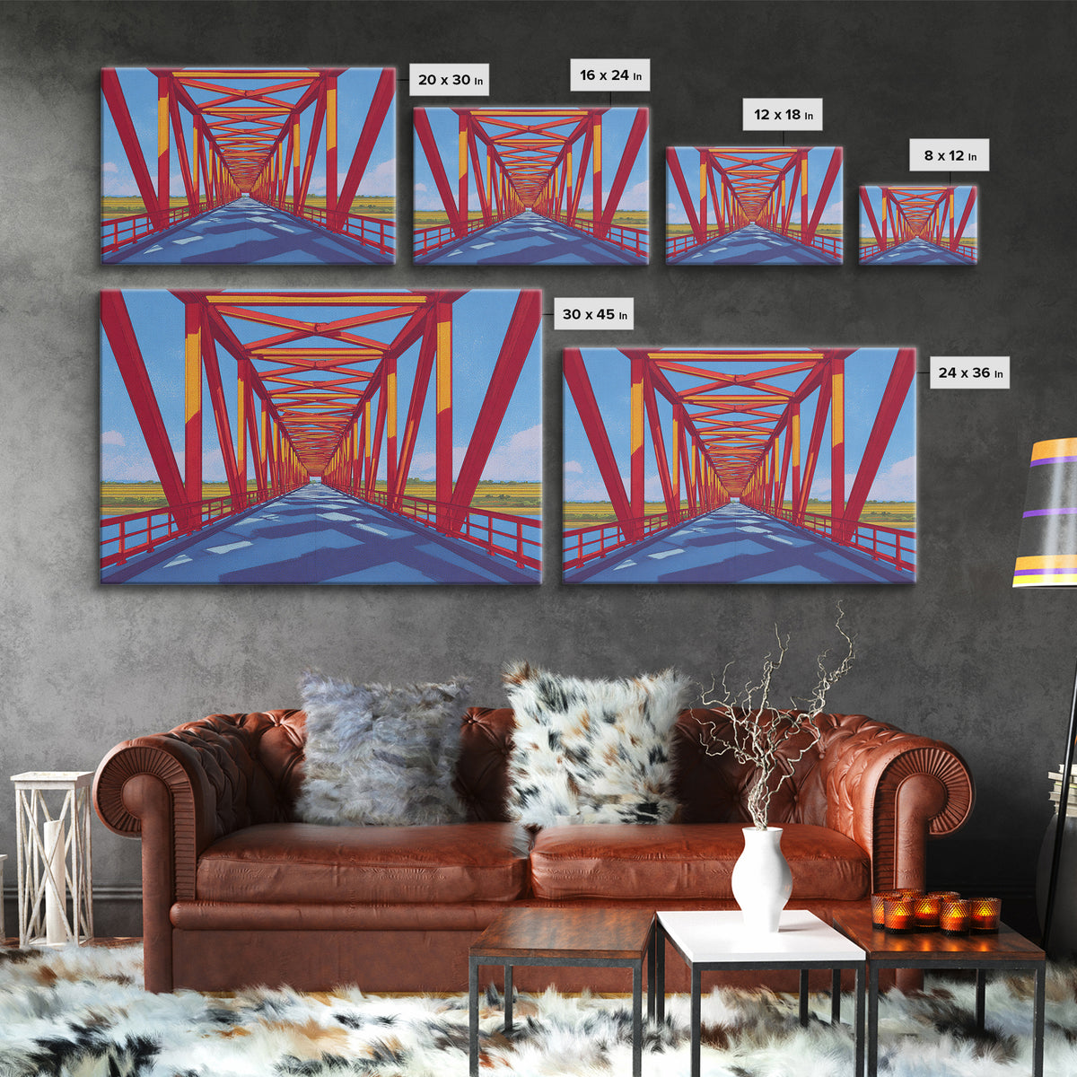 Red Truss Bridge Perspective Wall Art, Geometric Architecture Canvas Print, Bold Modern Decor, Office Poster, Travel Gift