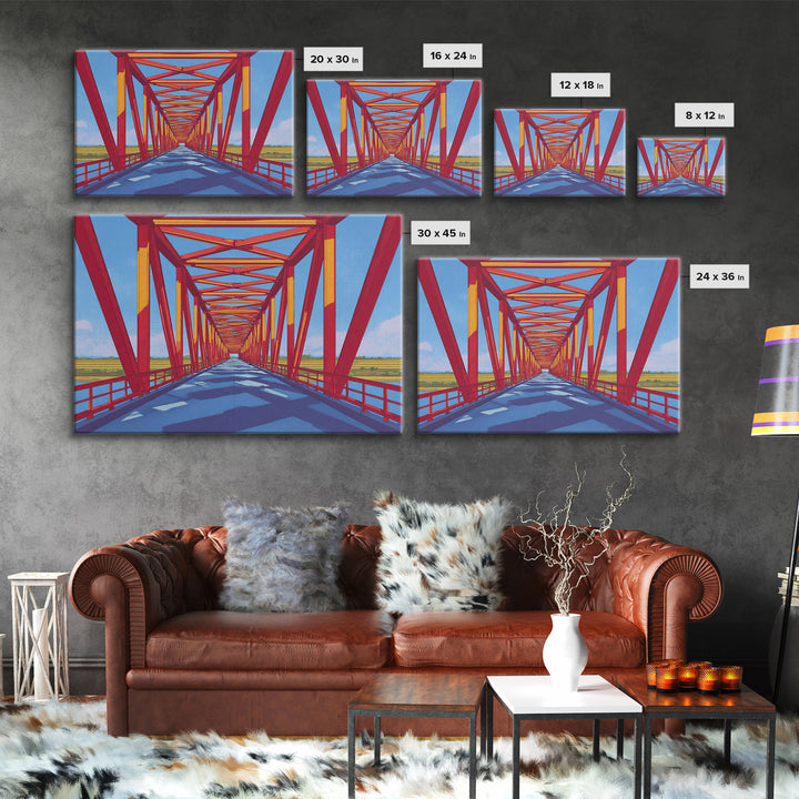 Red Truss Bridge Perspective Wall Art, Geometric Architecture Canvas Print, Bold Modern Decor, Office Poster, Travel Gift