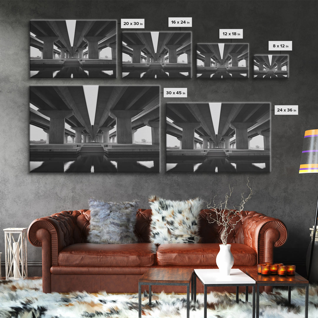 Black And White Overpass Framed Canvas Print, Urban Architecture Wall Art, Minimalist Modern Office Decor, Large Poster Gift