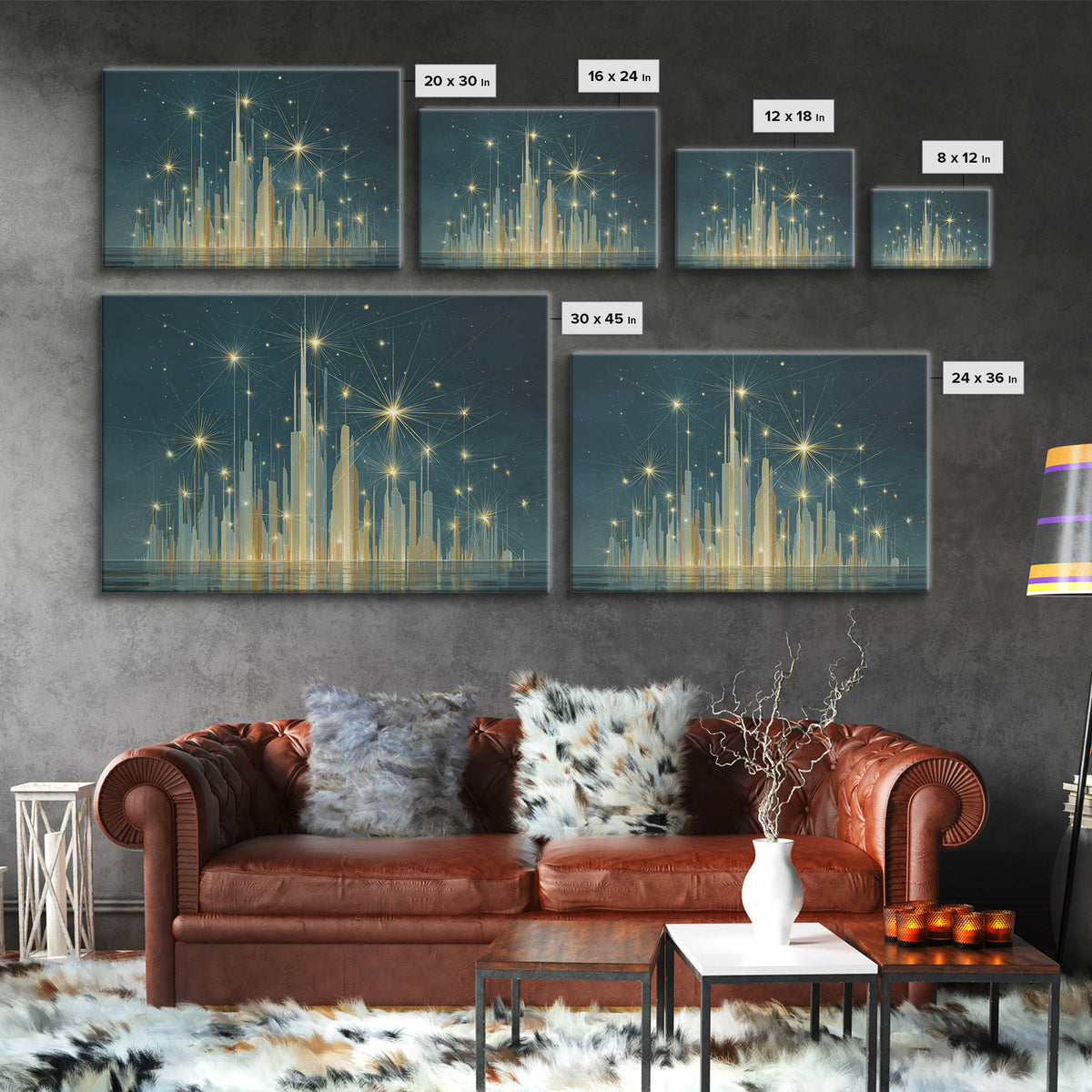 Golden Art Deco Skyline Wall Art, Firework Starburst Cityscape Canvas Print, Teal Modern Decor, Living Room Poster Gift