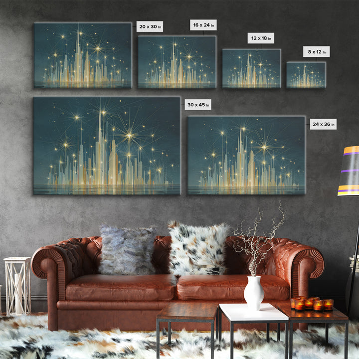 Golden Art Deco Skyline Wall Art, Firework Starburst Cityscape Canvas Print, Teal Modern Decor, Living Room Poster Gift