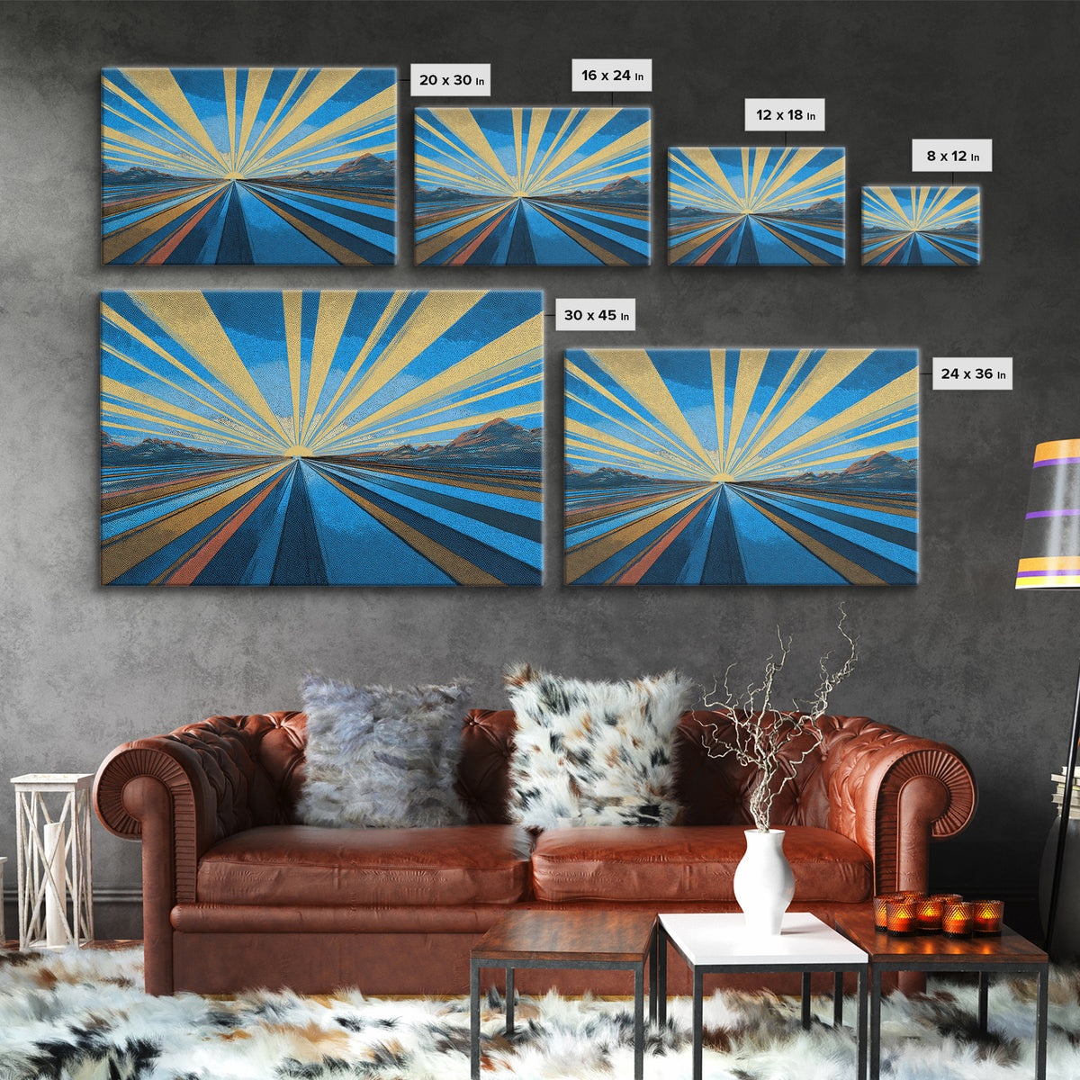 Blue Gold Sunburst Road Wall Art, Midcentury Modern Poster, Geometric Landscape Print, Retro Travel Decor, Office Decor Gift
