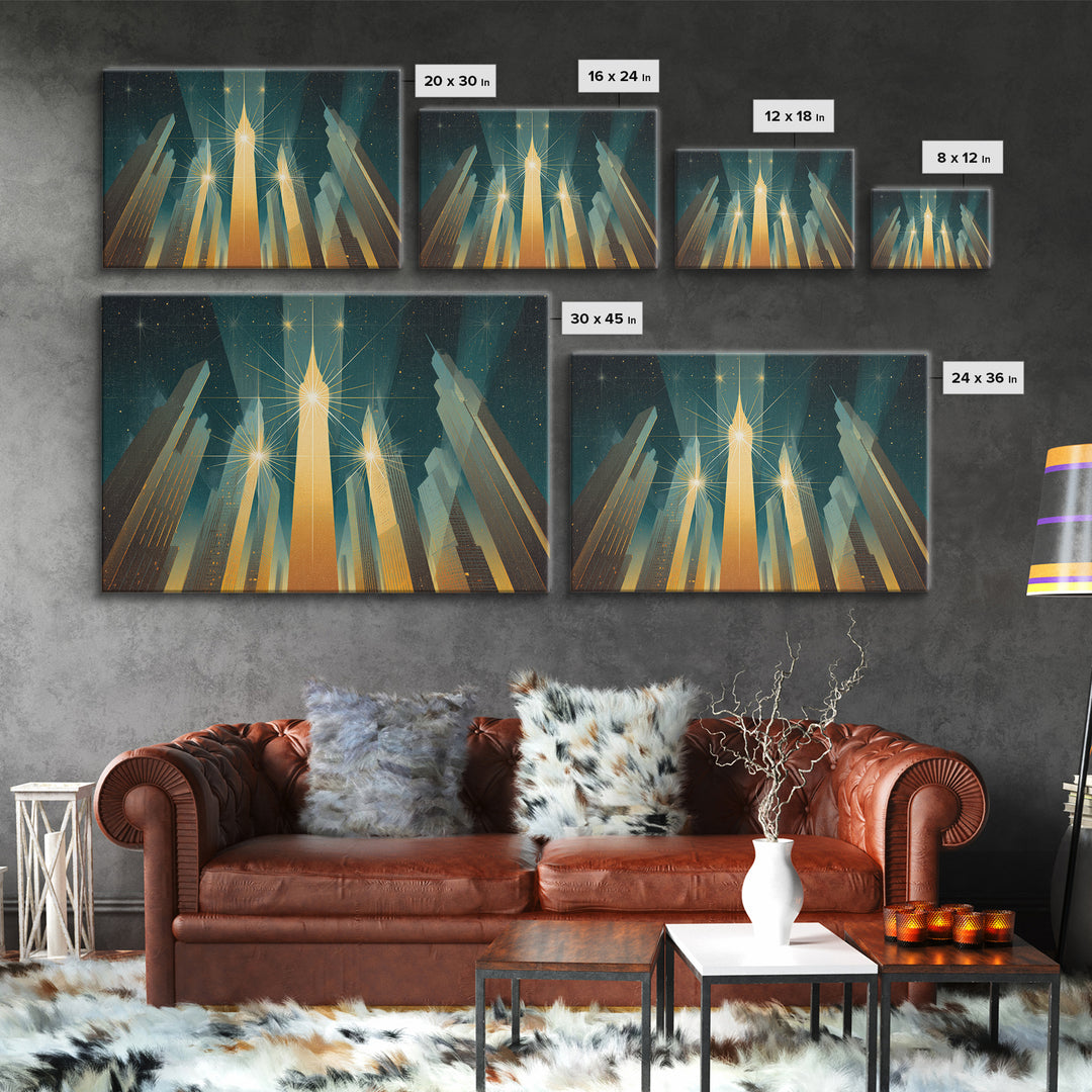 Radiant Art Deco Skyscrapers Canvas Print, Golden Starburst City Wall Art, Modern Retro Poster, Office Decor Gift Idea Print
