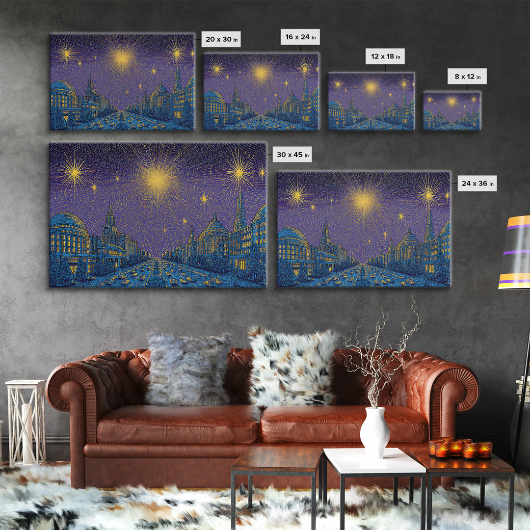 Golden Fireworks Over Retro City Skyline Wall Art, Mid Century Modern Poster, Blue Urban Landscape, Office Decor Print Gift