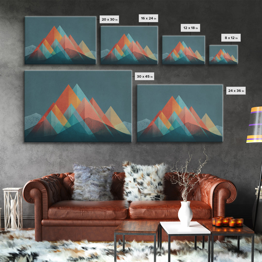 Transparent Geometric Mountain Peaks Canvas Print, Mid Century Modern Abstract Art, Teal Orange Wall Decor, Living Room Print