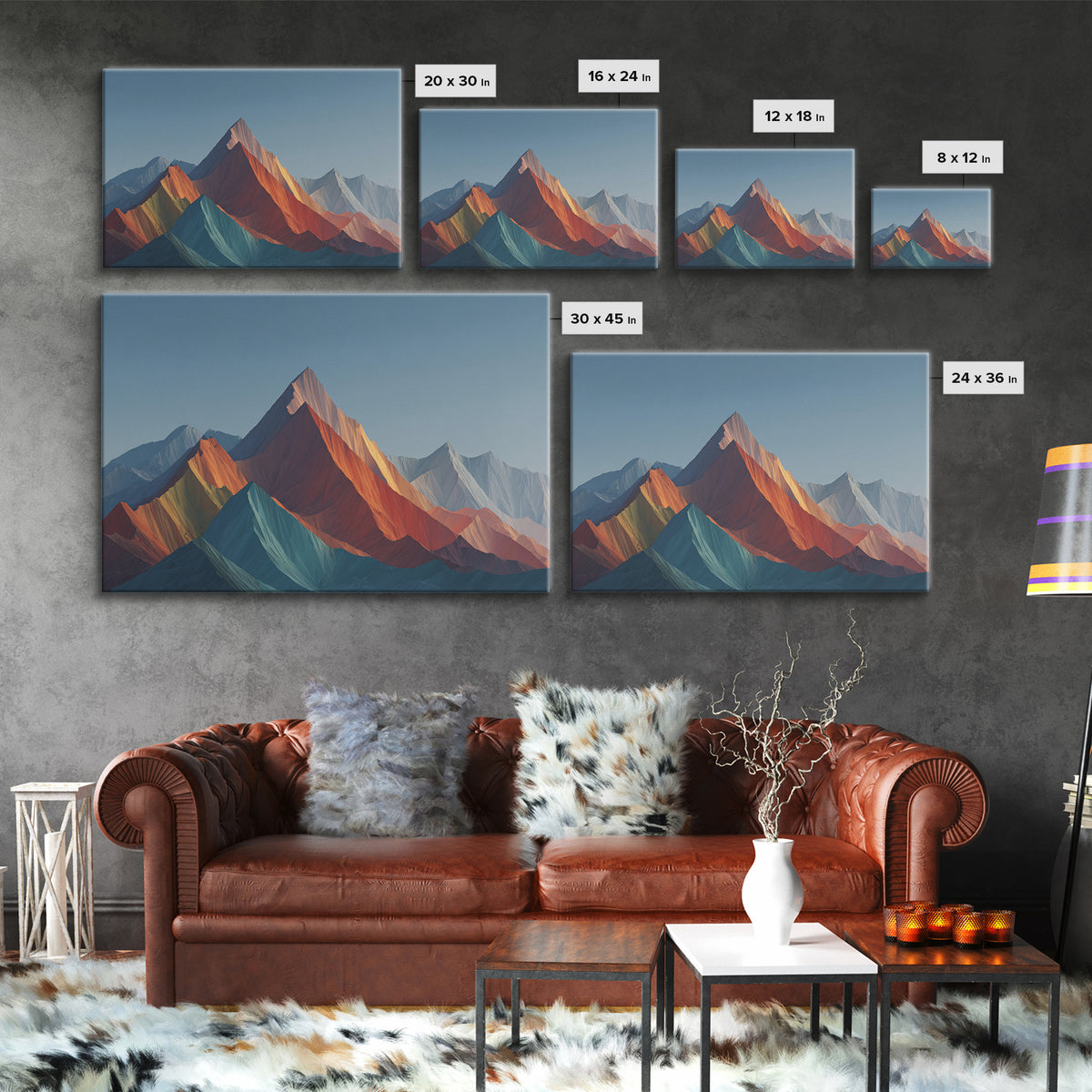Faceted Rainbow Mountain Range Framed Canvas Print, Mid Century Modern Wall Art, Geometric Landscape, Bold Living Room Home Decor Print