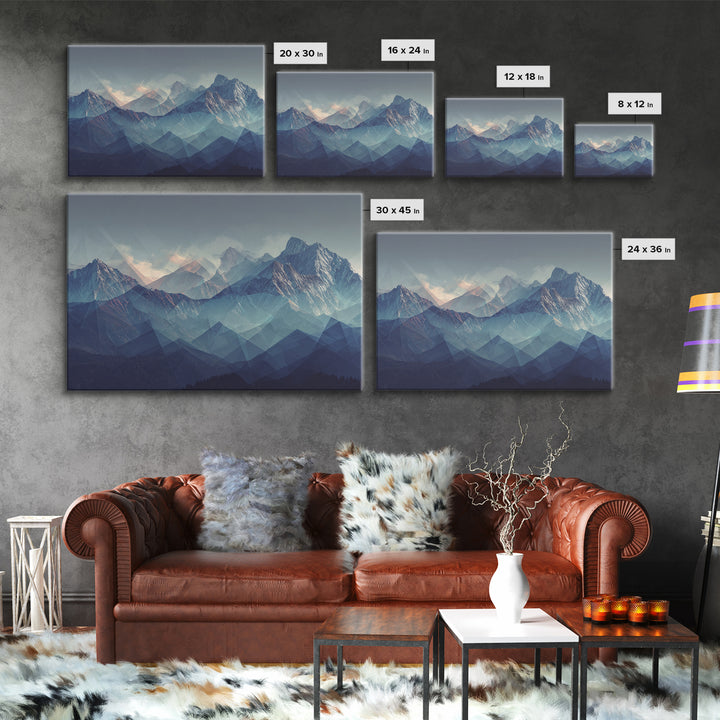 Misty Blue Polygon Mountain Vista Wall Art, Modern Abstract Landscape Print, Scandinavian Modern Decor, Bedroom Art Print