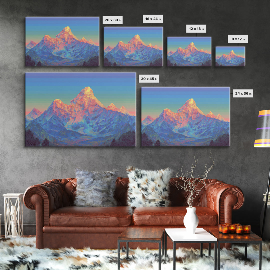 Pastel Himalayan Mountain Glow Canvas Print, Colorful Mid Century Modern Wall Art, Sunrise Landscape, Living Room Decor Print