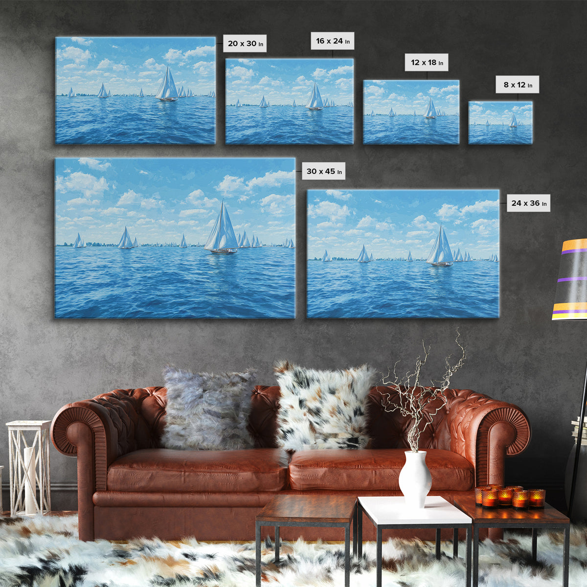 Blue Sailboats On Sparkling Summer Sea Wall Art, Coastal Modern Art Print, Nautical Decor, Beach House Living Room Poster