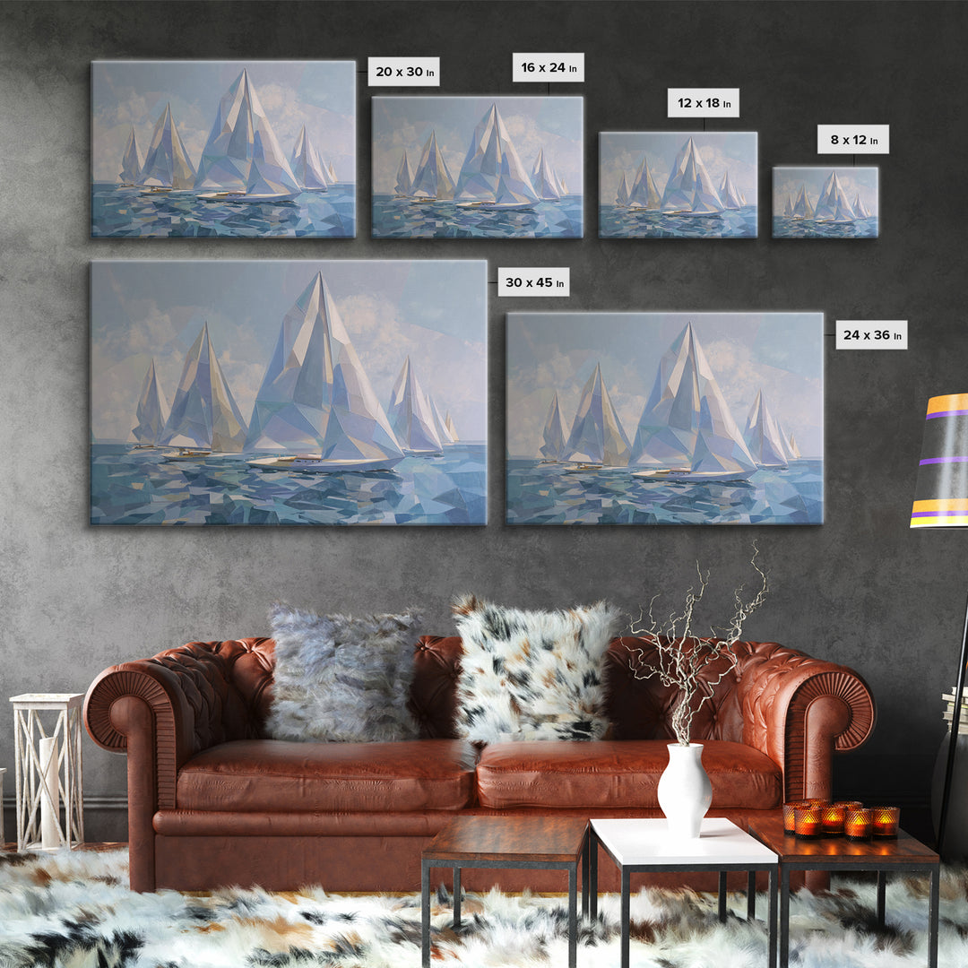 Crystal White Sailboats On Abstract Sea Framed Canvas Print, Modern Coastal Wall Art, Geometric Nautical Living Room Decor
