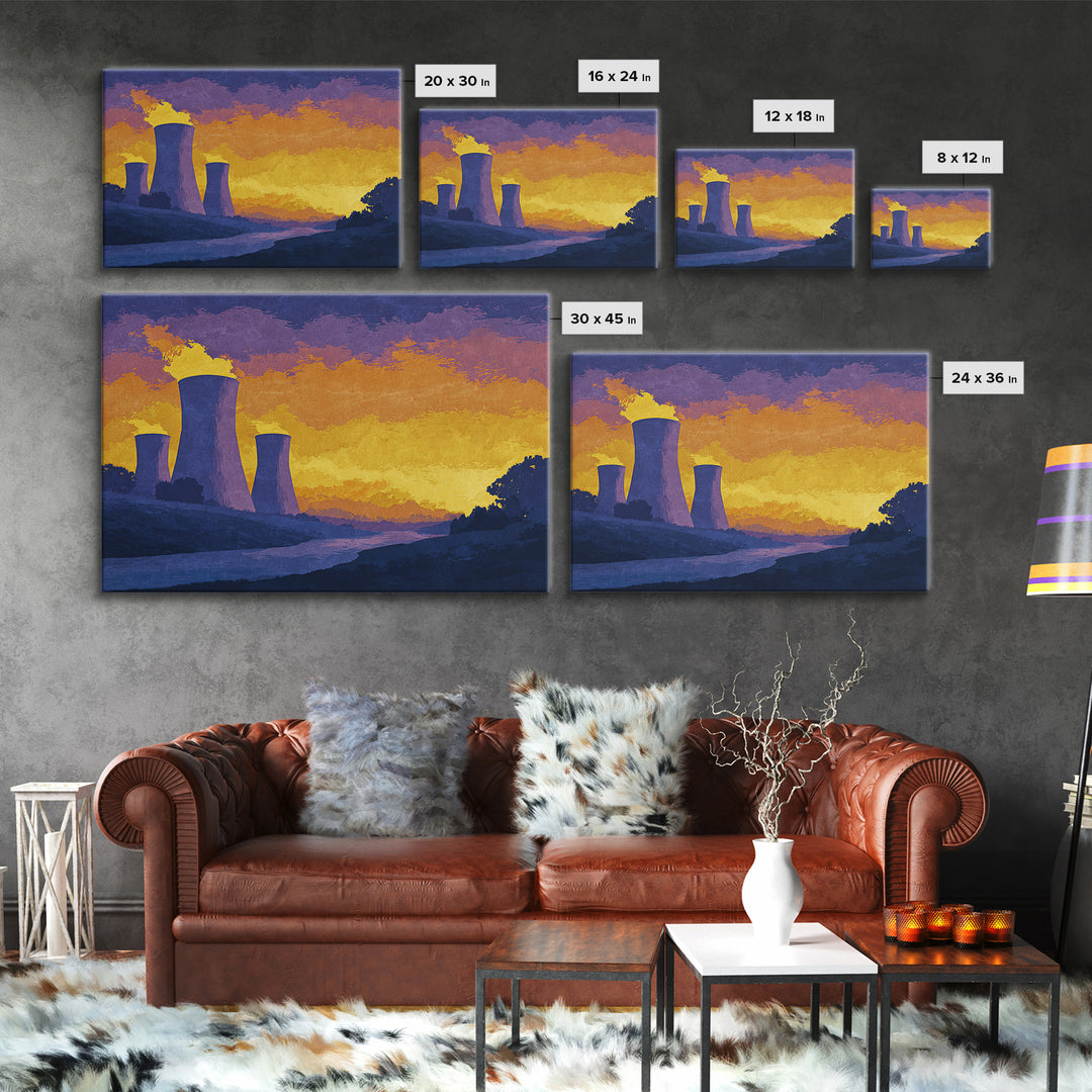 Purple Cooling Towers At Golden Sunset Wall Art, Retro Industrial Landscape Poster, Modern Wall Decor, Home Office Art Print