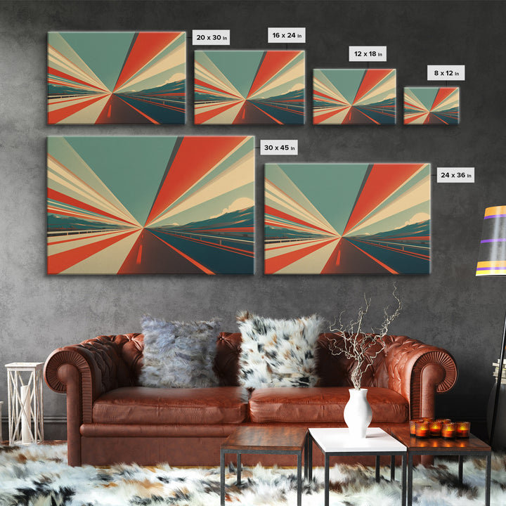Retro Red Teal Highway Rays Canvas Print, Midcentury Modern Wall Art, Desert Road Poster, Bold Geometric Office Decor Print