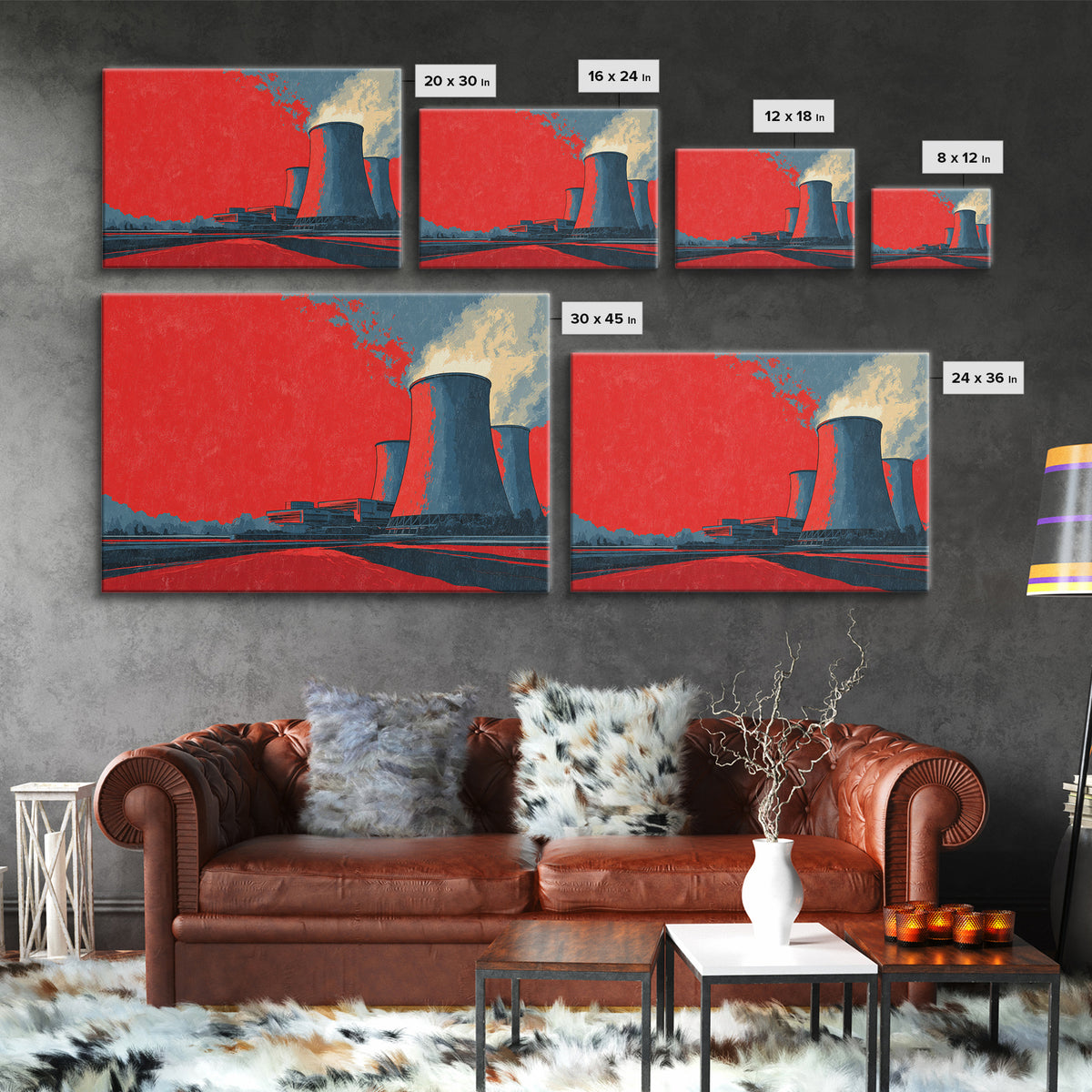 Red Industrial Cooling Tower Landscape Canvas Print, Atomic Retro Wall Art, Modern Architecture Decor, Bold Statement Poster
