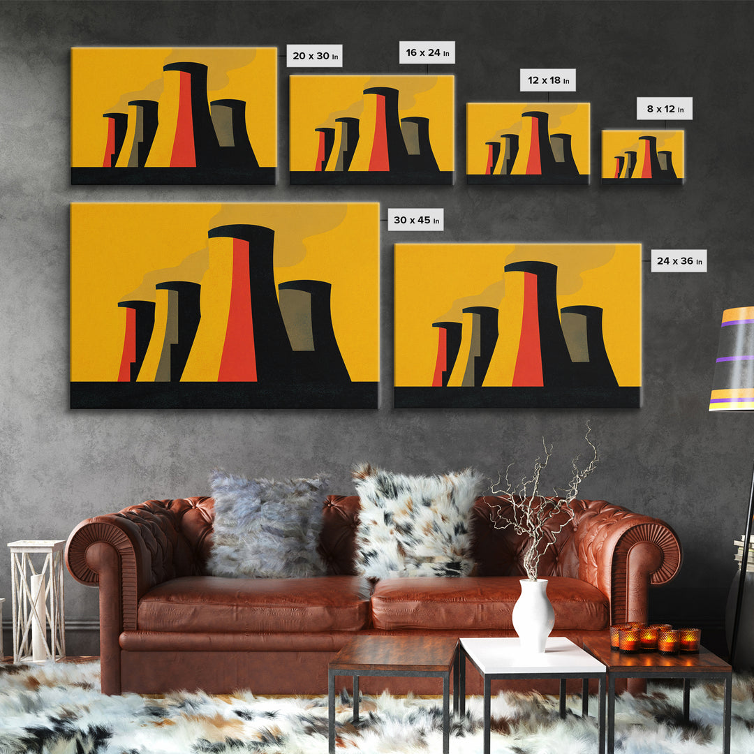 Graphic Cooling Towers At Sunset Wall Art, Midcentury Modern Art, Atomic Retro Poster, Orange Industrial Modern Wall Decor