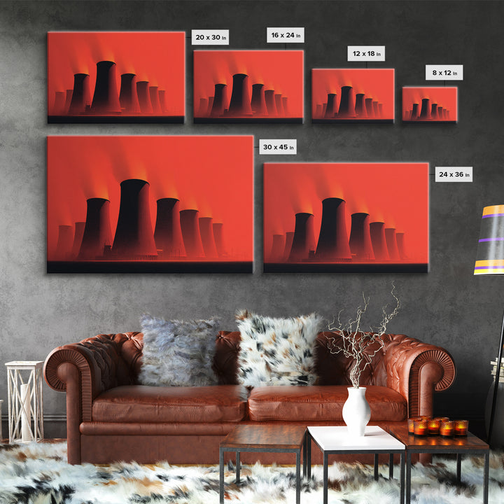 Red Nuclear Cooling Tower Silhouettes Canvas Print, Midcentury Modern Art, Retro Wall Art, Bold Orange Modern Home Decor