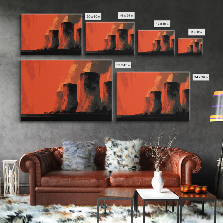 Smoky Cooling Towers In Orange Haze Framed Canvas Print, Midcentury Modern Art, Retro Wall Art, Moody Industrial Home Decor