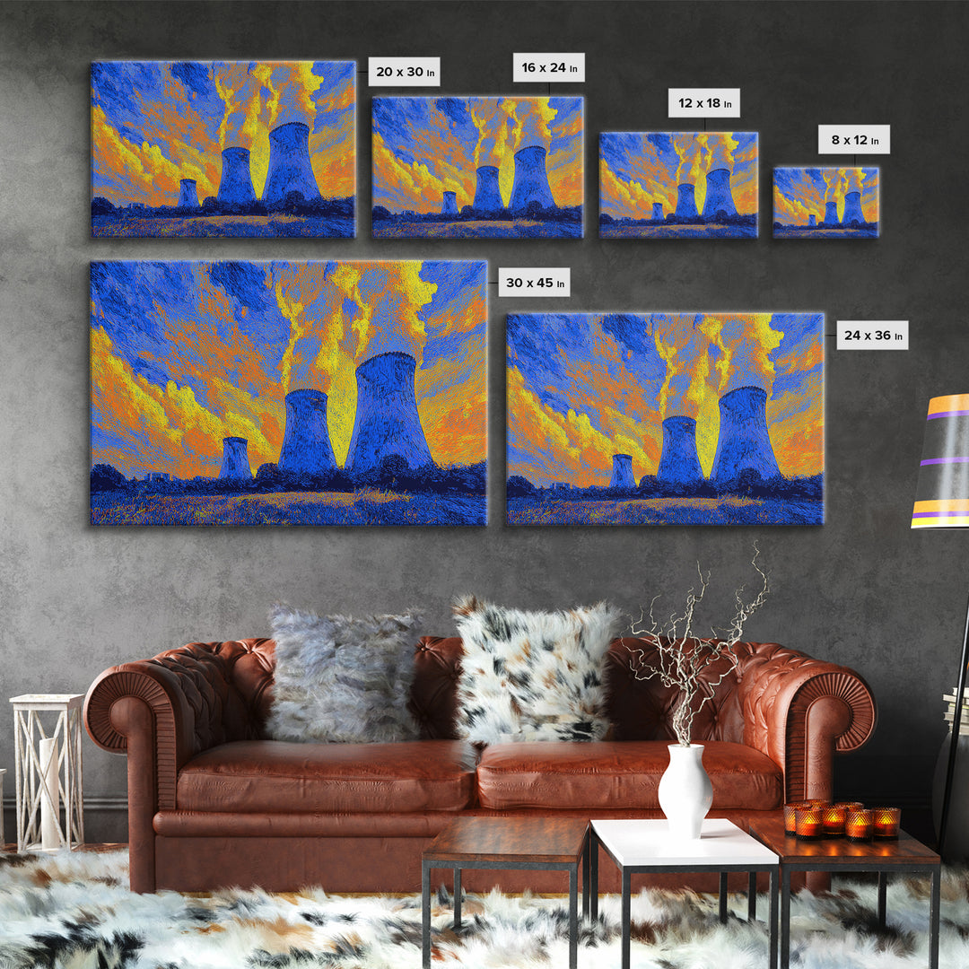 Blue Nuclear Cooling Towers Under Yellow Sky Wall Art, Bright Abstract Art, Midcentury Modern Poster, Colorful Modern Decor