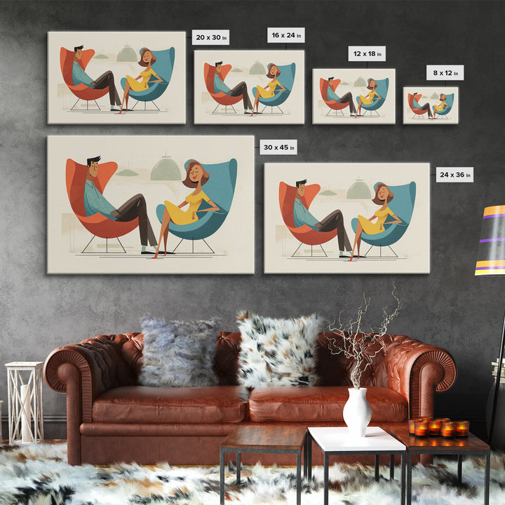 Stylish Couple In Egg Chairs Canvas Print, Midcentury Modern Art, Retro Wall Art, Atomic Lounge Decor, Colorful Home Print