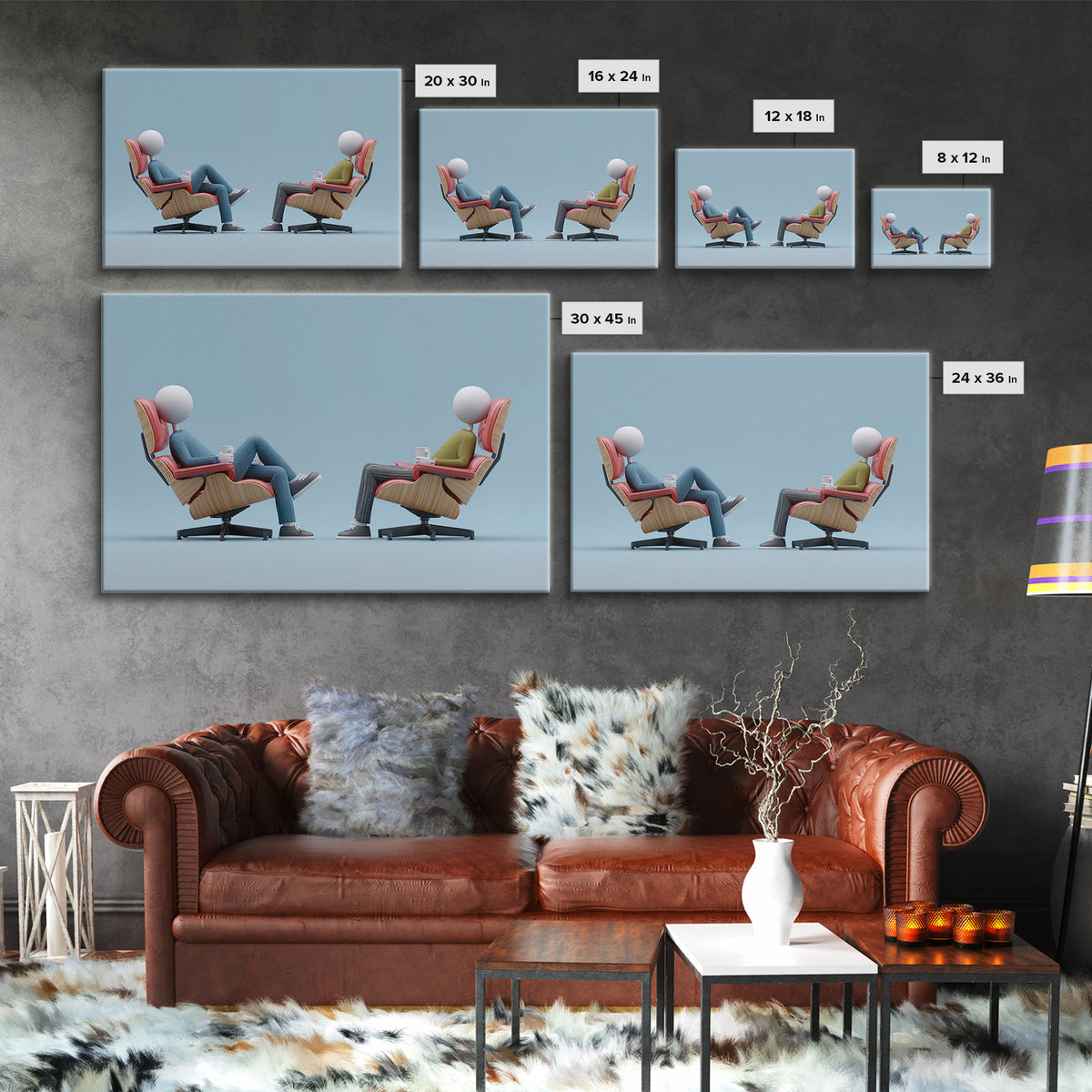 Faceless Figures In Retro Lounge Chairs Framed Canvas Print, Midcentury Modern Art, Minimalist Wall Art, Blue Office Decor