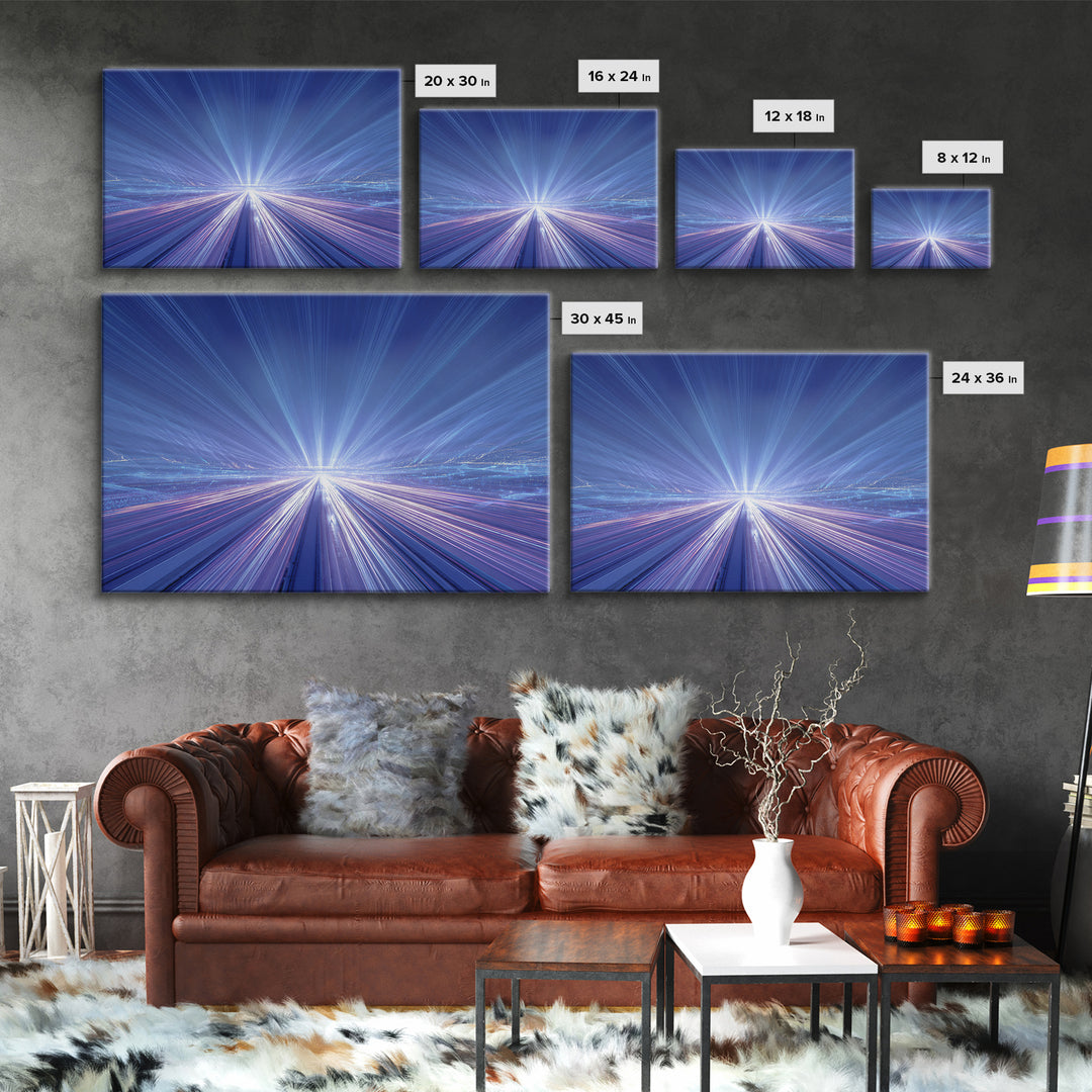 Electric Blue Light Trail Framed Canvas Print, Modern Abstract Art, Futuristic Highway Wall Decor, Sci Fi Office Poster Print