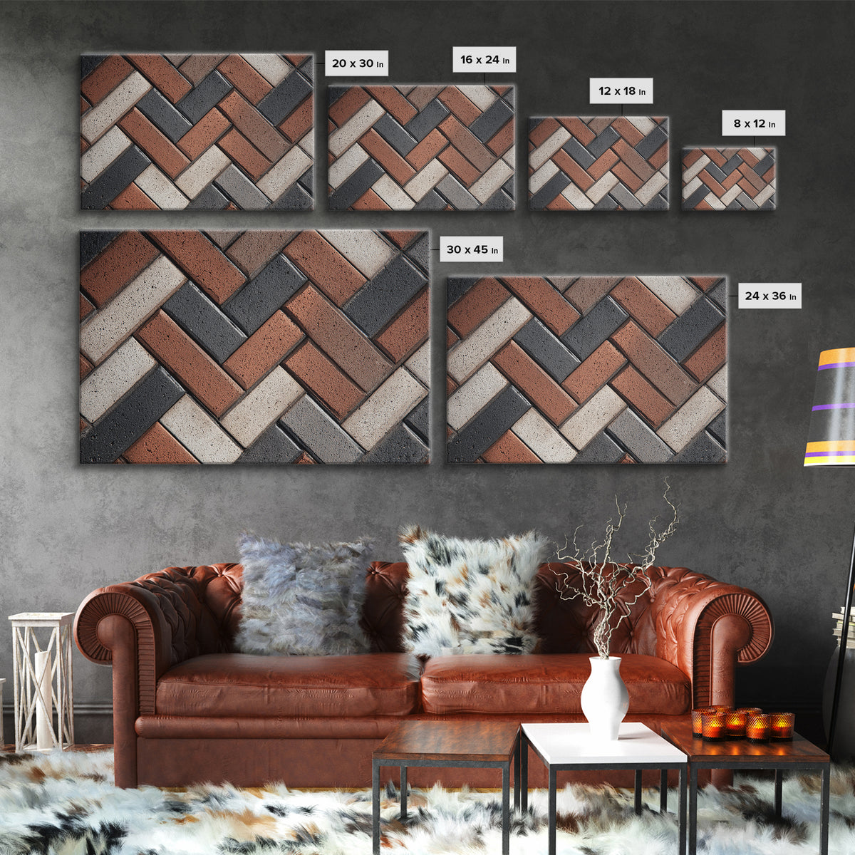 Herringbone Brick Pattern Canvas Print, Geometric Wall Art, Industrial Modern Decor, Earth Tone Texture, Home Office Poster