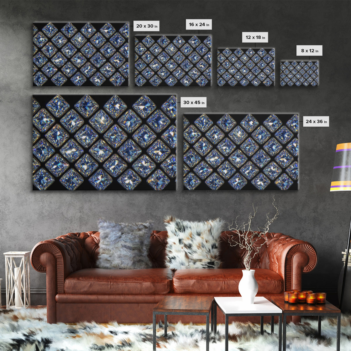 Blue Square Diamond Grid Canvas Print, Sparkling Geometric Wall Art, Modern Glam Decor, Black Luxury Poster, Gift For Her
