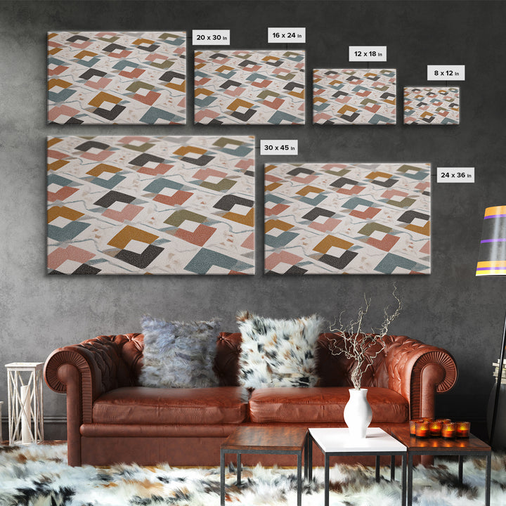 Retro Interlocking Square Pattern Wall Art, Mid Century Modern Decor, Geometric Canvas Print, Muted Color Textile Poster