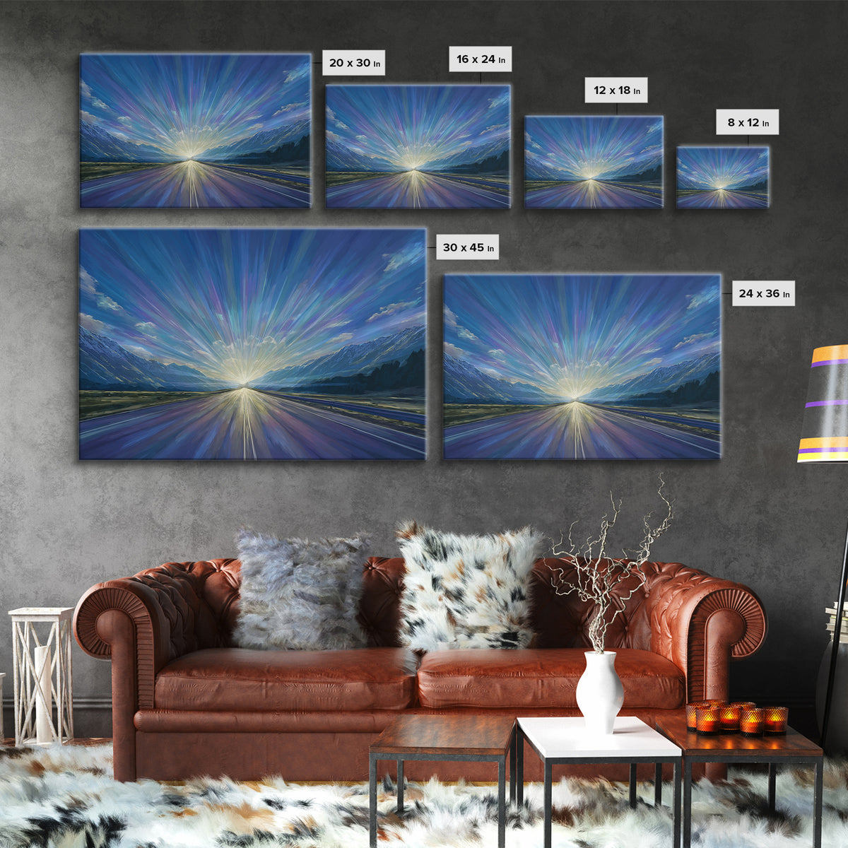 Mountain Sunrise Road Light Wall Art, Modern Landscape Print, Blue Scenic Office Decor, Contemporary Nature Home Decor Gift