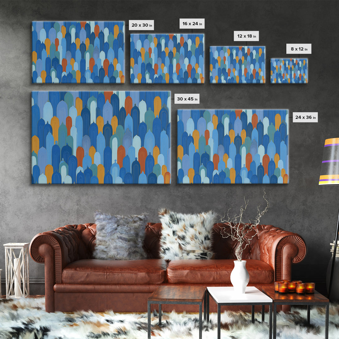 Blue Moorish Arch Pattern Canvas Print, Midcentury Modern Wall Art, Architectural Art, Geometric Poster For Living Room Decor