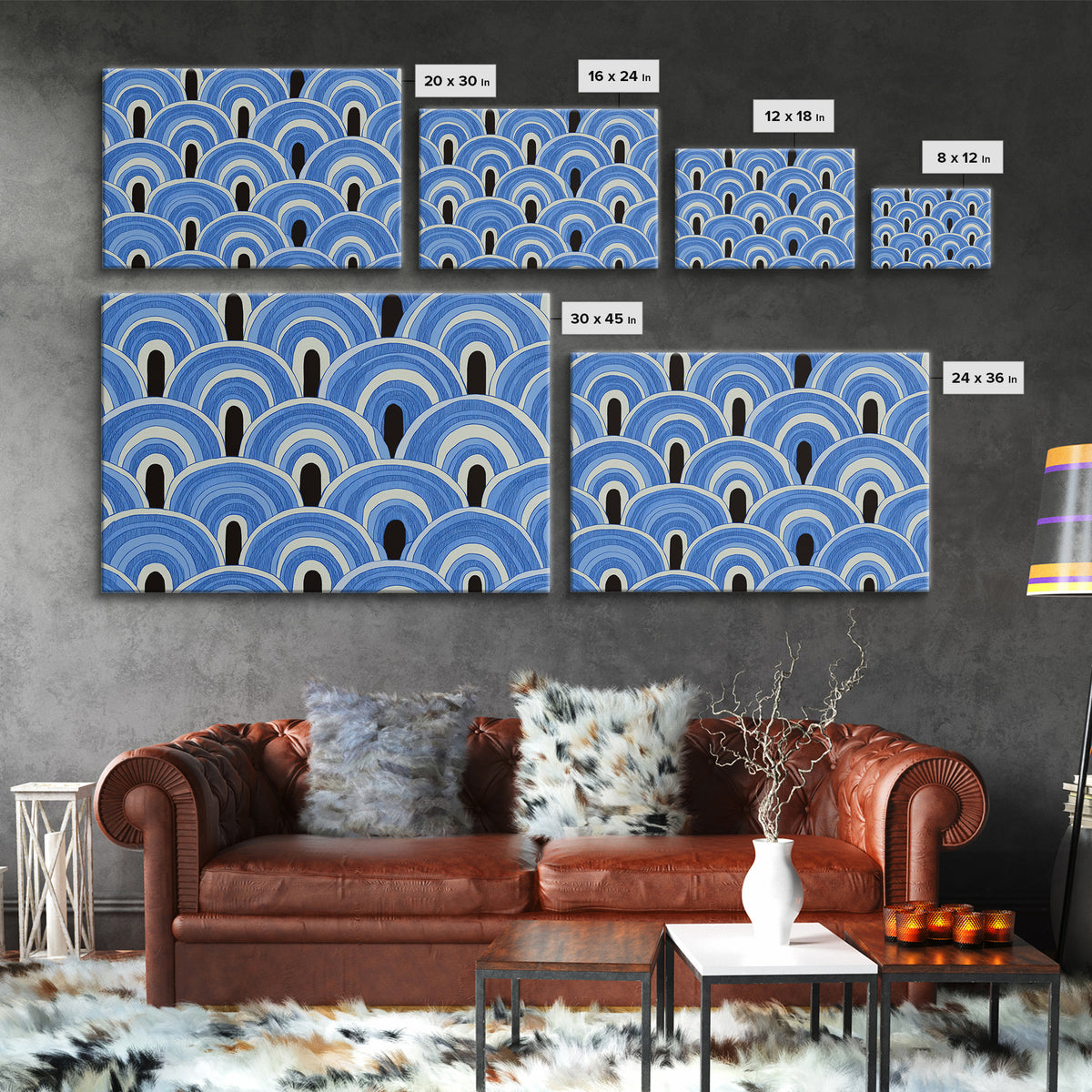 Blue Art Deco Scallop Arches Wall Art, Geometric Pattern Print, Modern Wall Decor, Coastal Abstract Poster, Bedroom Decor