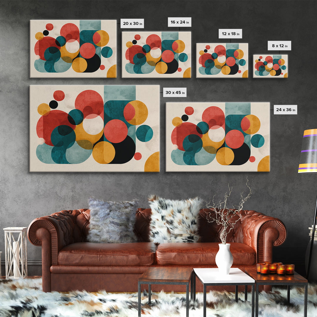 Red Teal Mustard Circle Wall Art, Midcentury Abstract Canvas Print, Geometric Shapes Art, Modern Home Decor, Office Decor