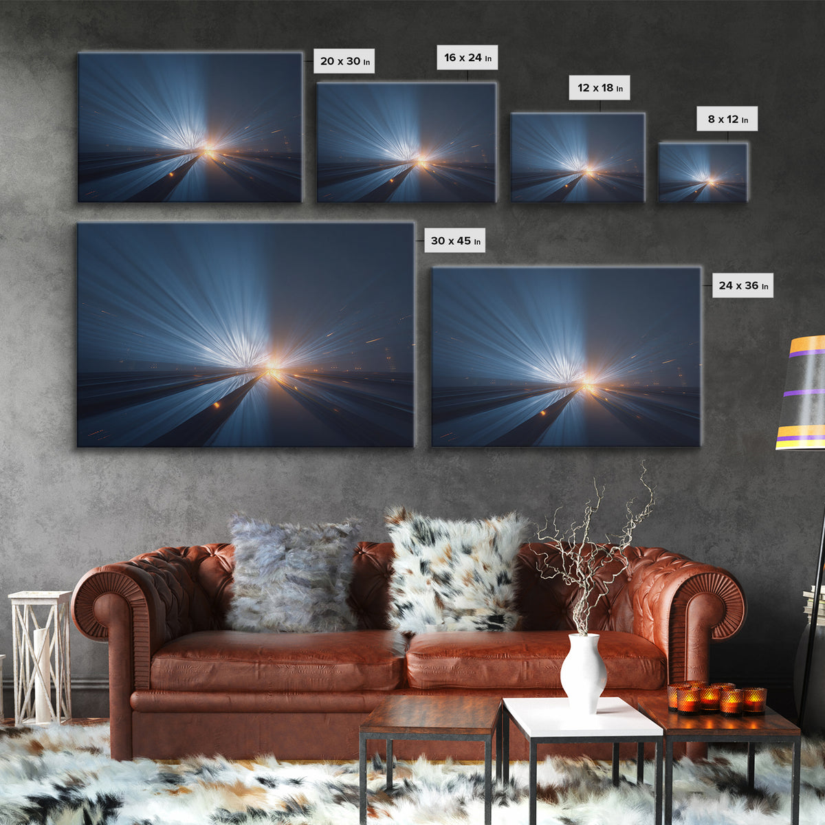 Dark Blue Highway Light Burst Canvas Print, Modern Abstract Art, Futuristic Wall Decor, Masculine Office Poster Print Gift