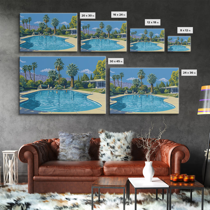 Palm Springs Swimming Pool Framed Canvas Print, Mid Century Modern Wall Art, California Travel Poster, Retro Home Decor Print