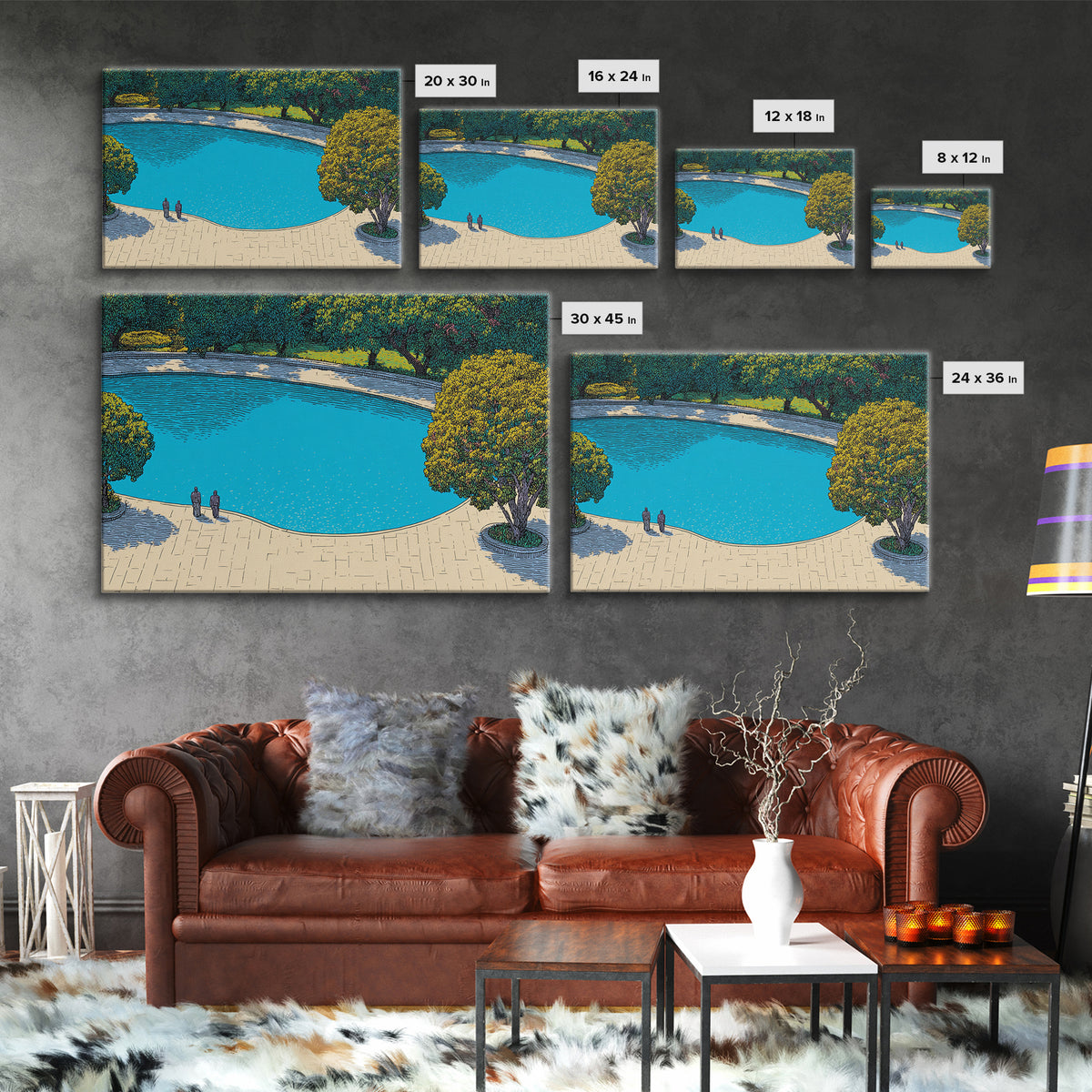Turquoise Lagoon Garden Path Wall Art, Mid Century Modern Canvas Print, Scenic Landscape Poster, Blue Nature Home Decor Print
