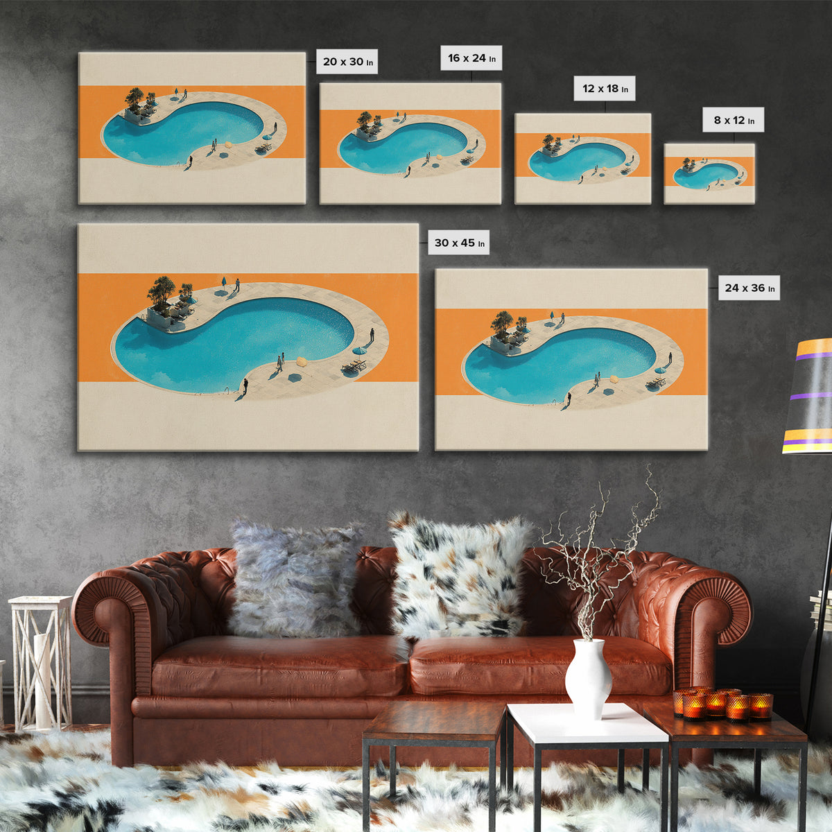 Aerial Kidney Pool With Orange Field Wall Art, Mid Century Modern Canvas Print, Minimalist Retro Home Decor, Pool Poster
