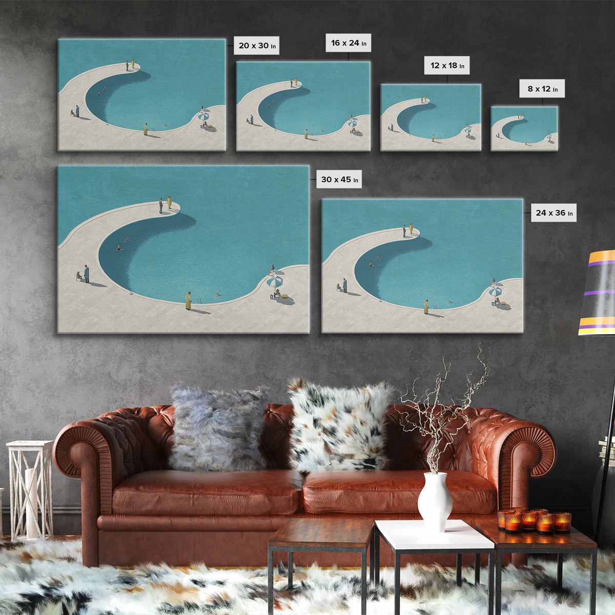 Minimal Curved Pool And Sunbathers Canvas Print, Mid Century Modern Wall Art, Blue Abstract Decor, Retro Summer Poster Print