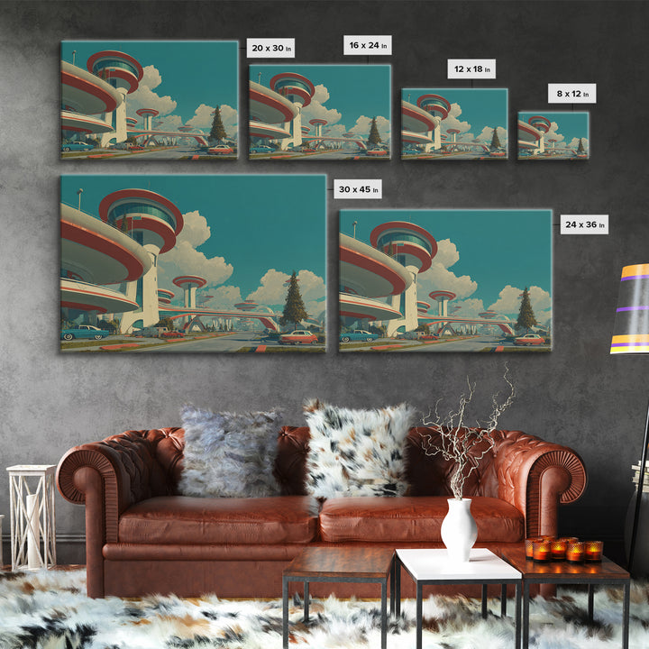 Futuristic Atomic City With Flying Saucer Framed Canvas Print, Mid Century Modern Wall Art, Retro Sci Fi Poster Decor Print